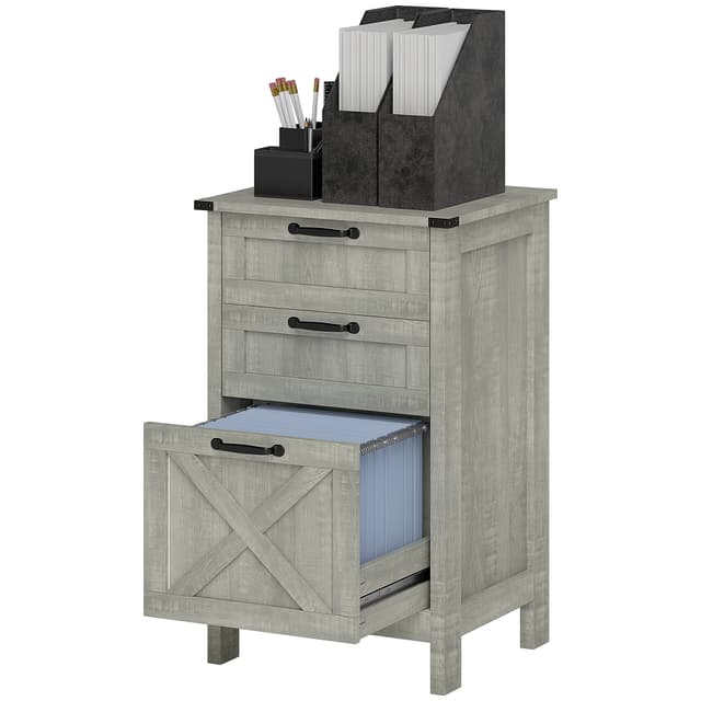 Vertical Filing Cabinet with 3 Drawers, Rustic Farmhouse Office Storage Cabinet for A4, Letter Size, Stone Grey