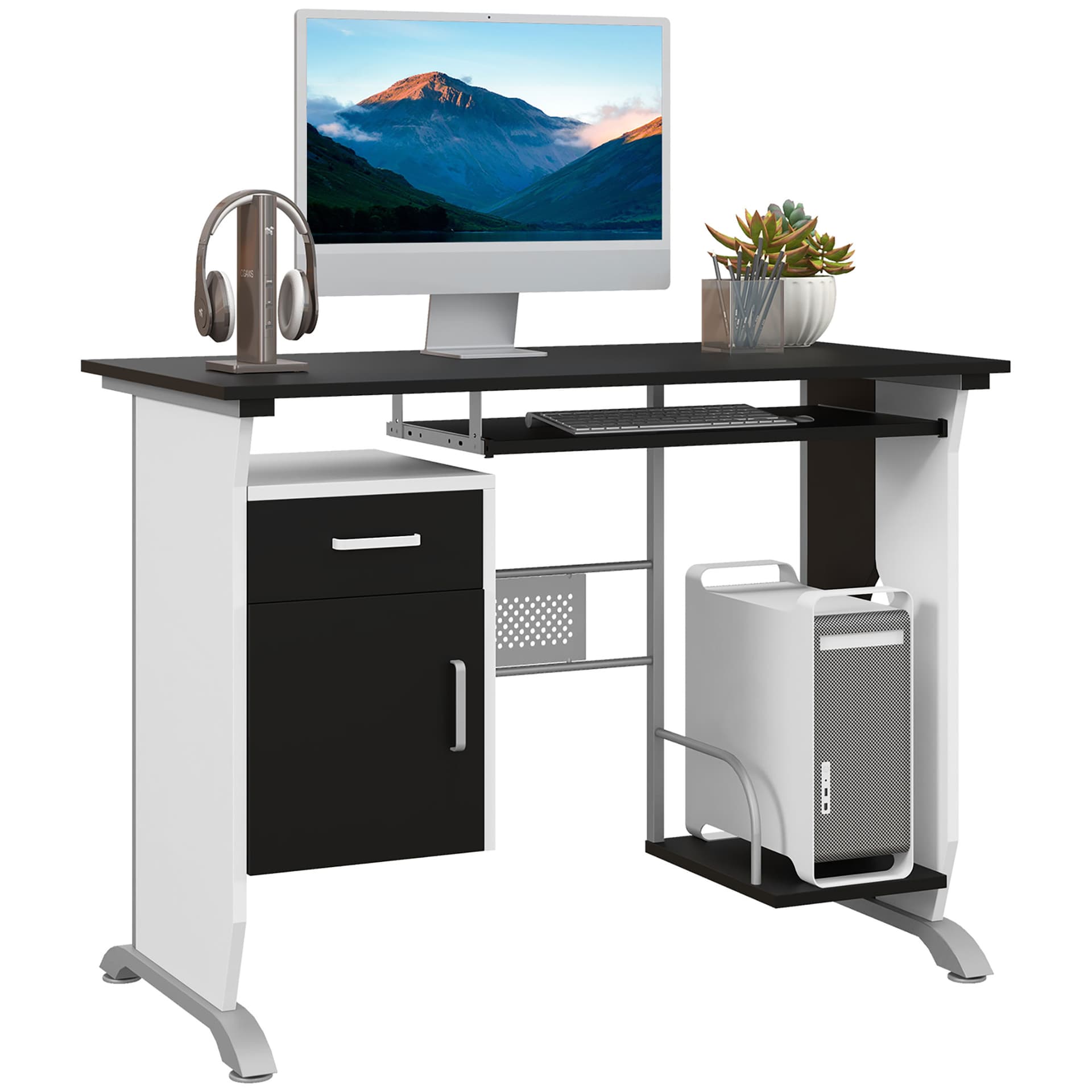 Computer Desk Table Home Office Furniture with Keyboard Tray and CPU Stand, Black and White