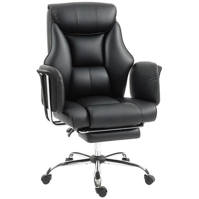 Reclining Office Chair, Overstuffed Executive Desk Chair with High Back, PU Leather, Footrest, Swivel Wheels, Black