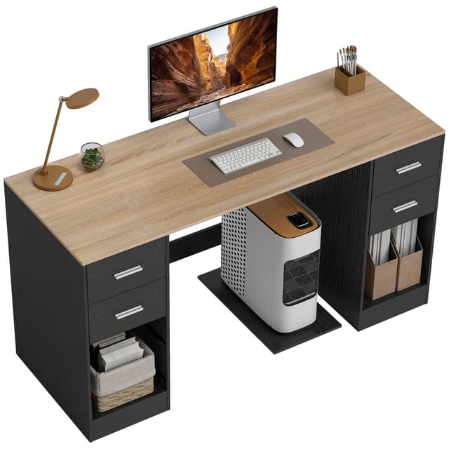 Office Desk, 55" Computer Desk with 4 Reversible Drawers, Mobile PC Stand, Adjustable Shelf, Black Wood Grain