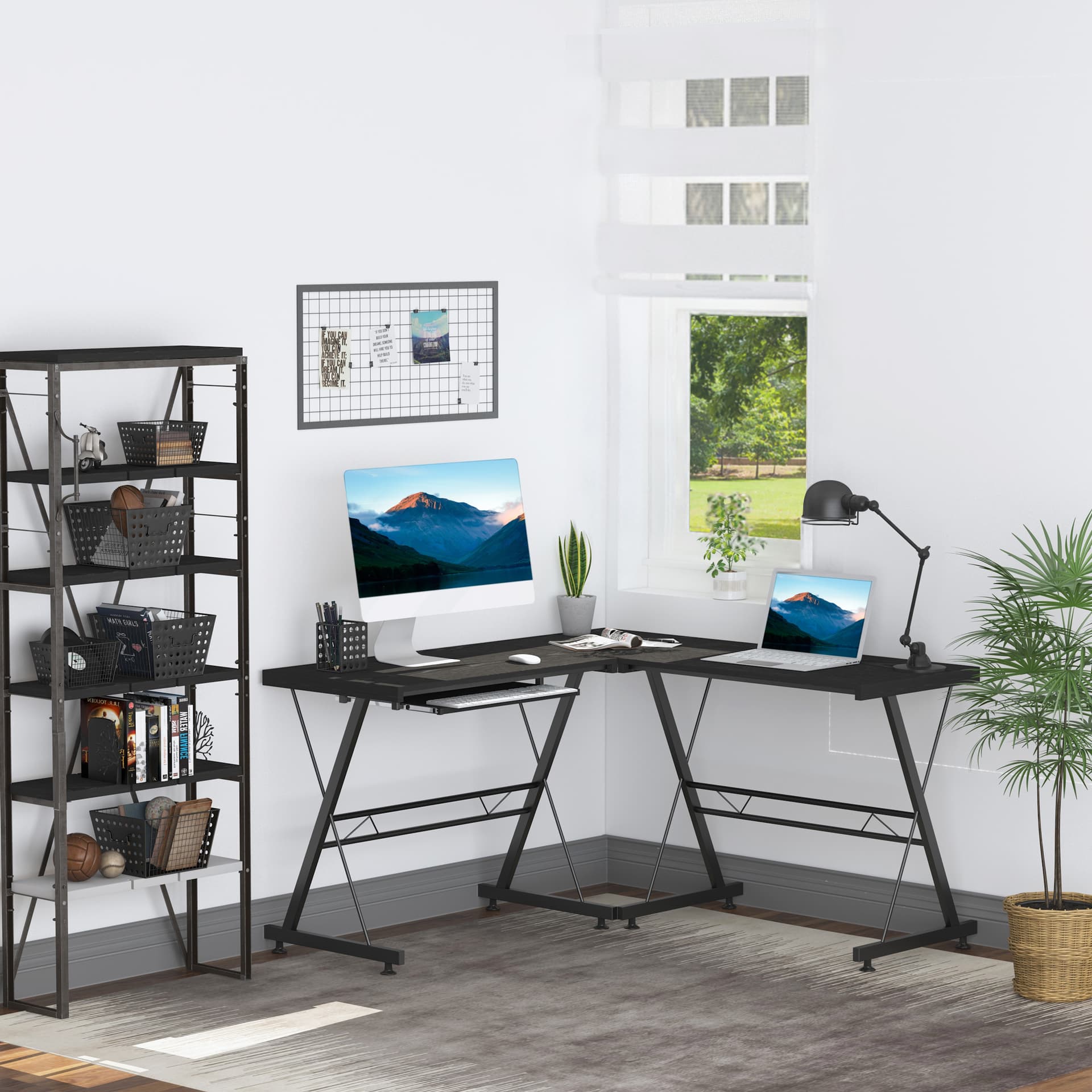 HOMCOM Large L-Shaped Desk Computer Desk, Multifunctional Computer Table with Keyboard Corner Table, Sturdy Steel Construction, Black