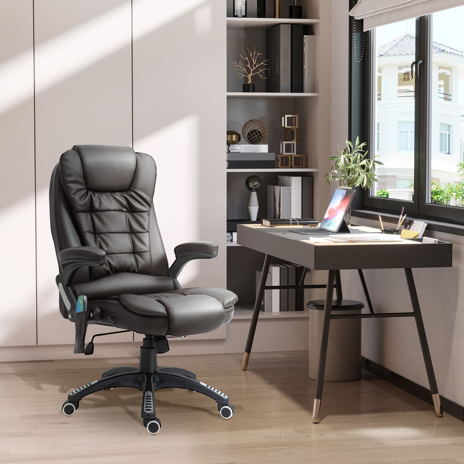 Office Chair Heated Ergonomic Massage Swivel Vibrating High Back Faux Leather Executive Chair Office (Brown)