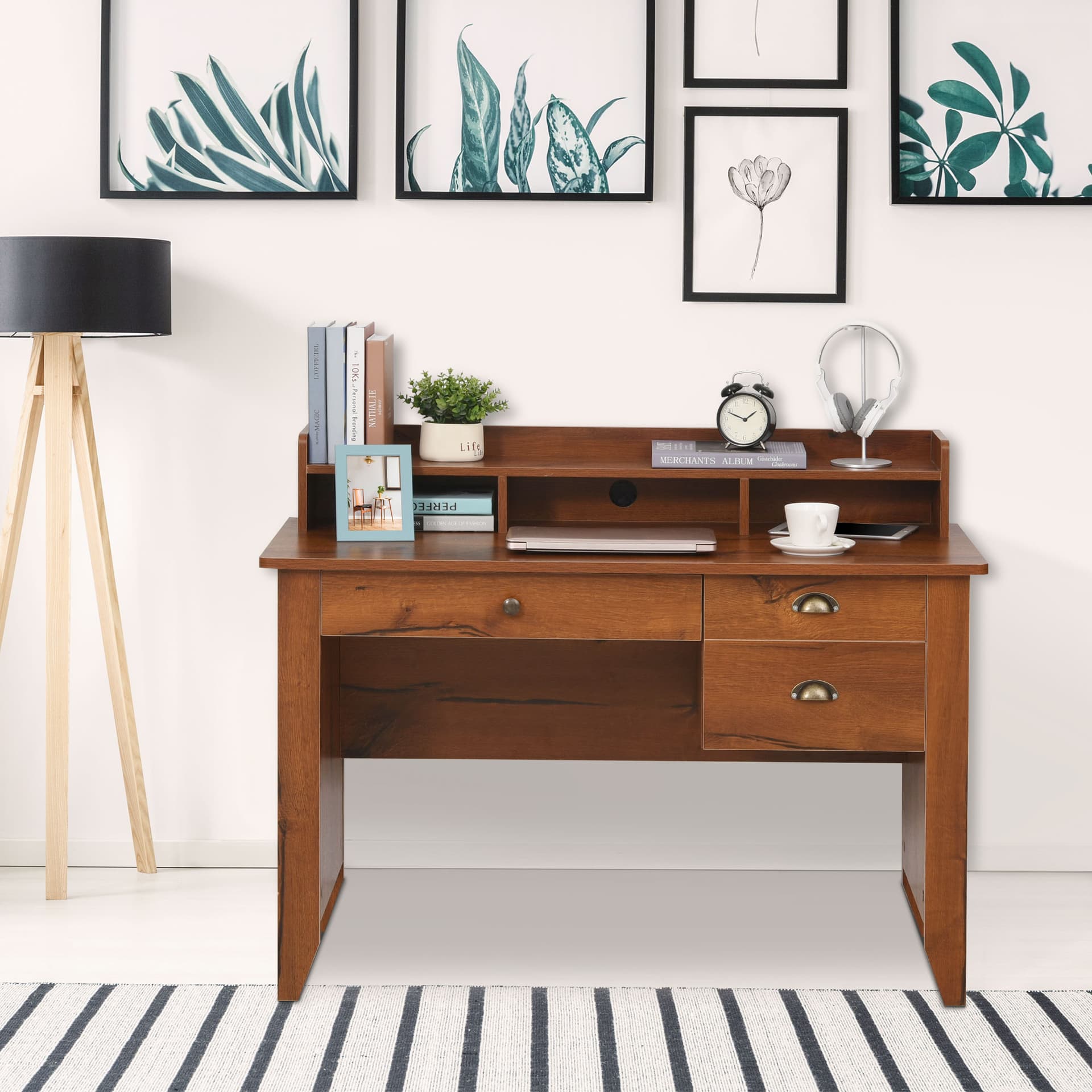 Study Table with Storage Hutch, Drawers, Shelf, Home Office Writing Table Study Workstation with Cable Management, Brown