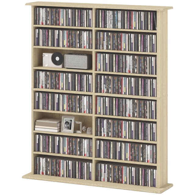 8-Tier DVD Shelf with 12 Adjustable Shelves, Double CD Shelf, Holds 720 CDs, 396 DVDs or 396 Blu-rays, Natural Wood