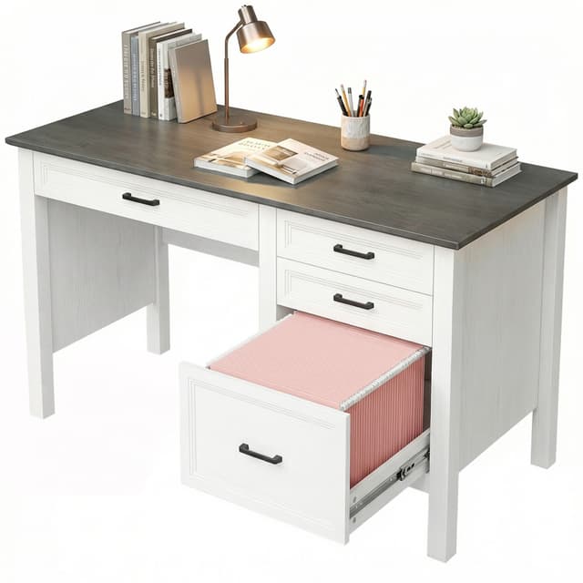 54" Farmhouse Executive Desk, Computer Desk with Drawers, Adjustable Hanging Rails for for A4/Letter Size Files, White