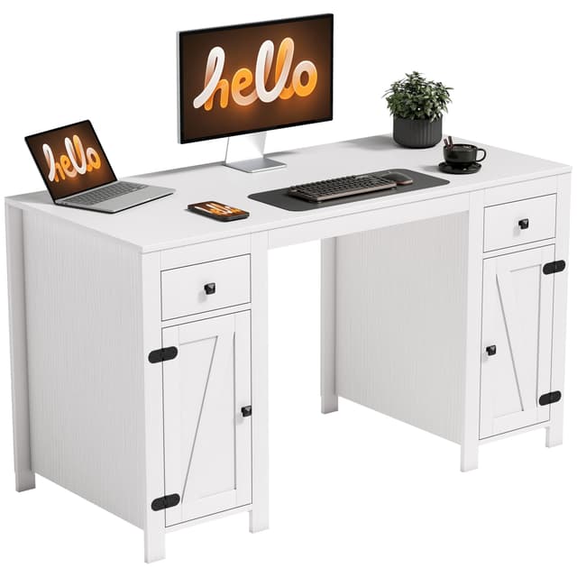 53" Farmhouse Executive Desk, Computer Desk with Drawers and 2 Cabinets, Study Table for Home Office, White Wood Grain