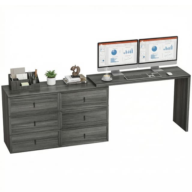 L Shaped Computer Desk Home Office Desk with 6 Drawers Black Wood Grain