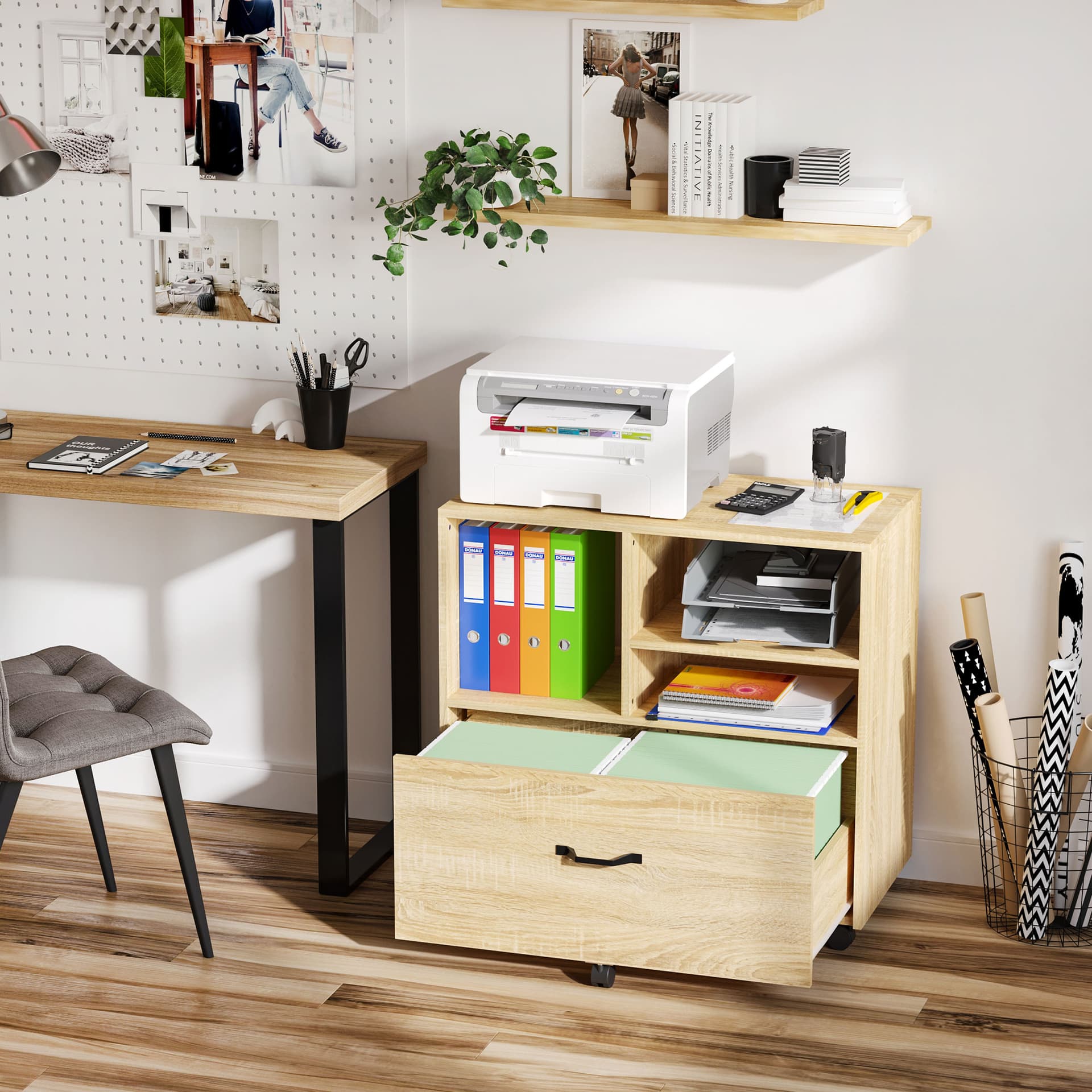 Vinsetto Lateral Filing Cabinet, Printer Stand, Mobile Office File Cabinet with Wheels for Letter and Legal Sized Files, Natural