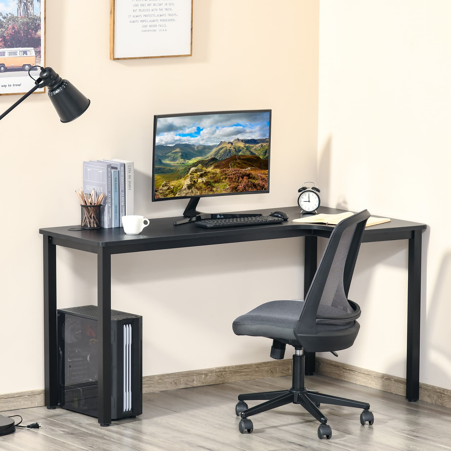 HOMCOM L-Shaped Desk 57" Corner Computer Desk Gaming Table Home Office Writing Workstation with Cable Management Black